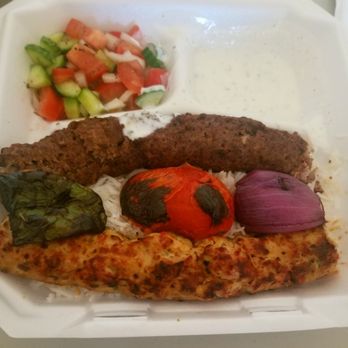 Shahi Cafè - Mixed Plate - Beef and Chicken Kafta Kabab with Rice, Grilled Veggies, Salad and Cucumber Sauce - Halal Near Me - Austin, Texas