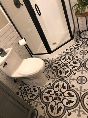 Bathroom Remodel - Beautiful tile floor with classic subway tiling on the walls. Small bathroom so the pictures were really difficult to take, my apologies. Bathroom Remodel - Beautiful tile floor with classic subway tiling on the walls. Small bathroom so the pictures were really difficult to take, my apologies.