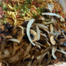 Fried Noodles, 12oz Medium Well steak topped off with mushroom and onions Fried Noodles, 12oz Medium Well steak topped off with mushroom and onions