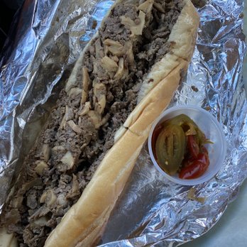 Max's Steaks - Steak with mushrooms, onions and provolone cheese w/ hot peppers in the side (get the peppers!) - Sandwiches Near Me - Philadelphia, Pennsylvania