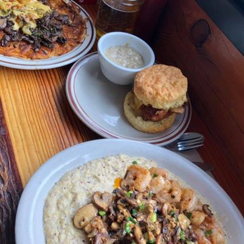 Pine State Biscuits - hashbrowns, shrimp and grits, and the reggie with gravy. - Breakfast & Brunch Near Me - Portland, Oregon