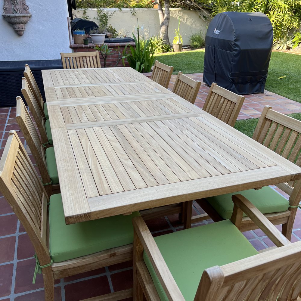 Teak Stop - 43"x117" Double Extension XX Thick Table with Milan side chairs and end chairs, and Sunbrella fabric cushions. - Furniture Stores Near Me - Fountain Valley, California Teak Stop - 43"x117" Double Extension XX Thick Table with Milan side chairs and end chairs, and Sunbrella fabric cushions. - Furniture Stores Near Me - Fountain Valley, California