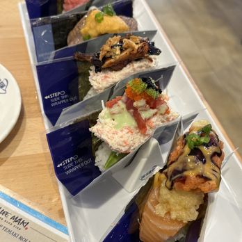 Blue Maki By The Blue Fish - 3 regular (eel, rainbow and blue fin) and 2 premium (toro & wagyu uni) - Sushi Bars Near Me - Carrollton, Texas