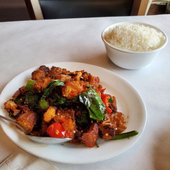 SriPraPhai Thai Restaurant - Sautéed Crispy Pork Belly ($14.00) with Coconut Rice ($2.50) - Thai Near Me - Williston Park, New York SriPraPhai Thai Restaurant - Sautéed Crispy Pork Belly ($14.00) with Coconut Rice ($2.50) - Thai Near Me - Williston Park, New York