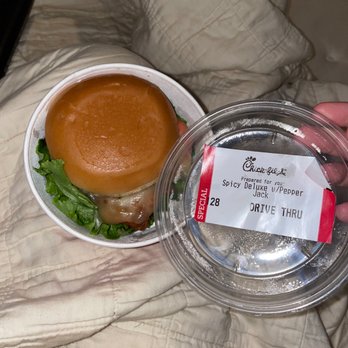 Chick-fil-A - What is this sandwich doing in a macaroni container? This just highlights everything wrong with this location - Fast Food Near Me - Houston, Texas Chick-fil-A - What is this sandwich doing in a macaroni container? This just highlights everything wrong with this location - Fast Food Near Me - Houston, Texas