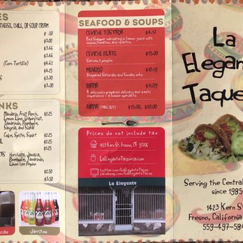 La Elegante Taqueria - To-go menu (front & back) - Tacos Near Me - Fresno, California La Elegante Taqueria - To-go menu (front & back) - Tacos Near Me - Fresno, California