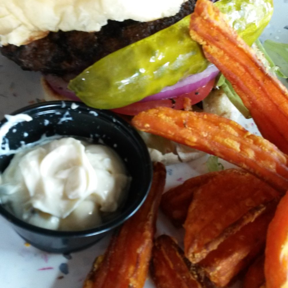 Nosh - Peppercorn burger. Best grilled burger ever. Sweet potato fries. My favorite at nosh. - Burgers Near Me - Durham, North Carolina Nosh - Peppercorn burger. Best grilled burger ever. Sweet potato fries. My favorite at nosh. - Burgers Near Me - Durham, North Carolina