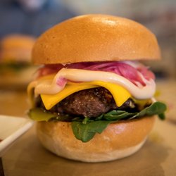 Wilkies Cottage Cafe - "Double Jack Burger" - - Lightly toasted milk bun, beef patty, double jack cheddar, bacon jam, baby spinach, B&B pickles