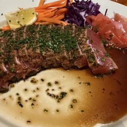Sliced strip, perfectly cooked.