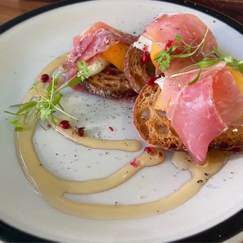 Rigo - Crostini (S)- toasted bread w/prosciutto, papaya, mascarpone cheese and macadamia nut blossom honey - Spanish Near Me - Honolulu, Hawaii
