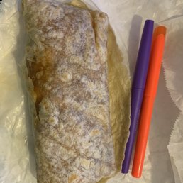 Regular pens to compare sizing. This chorizo breakfast burrito was tiny and unappetizing.