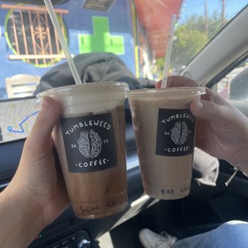 Tumbleweed Coffee - salted carmel mocha cold brew and chai tea latte with oat mikk - Coffee & Tea Near Me - San Antonio, Texas Tumbleweed Coffee - salted carmel mocha cold brew and chai tea latte with oat mikk - Coffee & Tea Near Me - San Antonio, Texas
