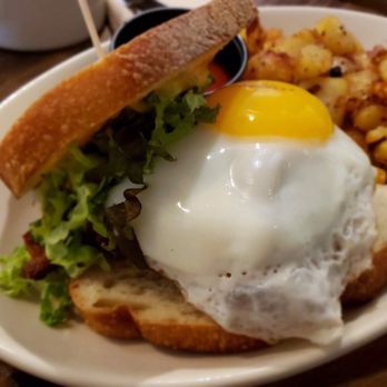 Dooby's - Brunch Burger, $14 (subbed seeded roll for sourdough bread) - Coffee & Tea Near Me - Baltimore, Maryland