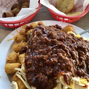 3 Legged Pig BBQ - Gas station Plate - cheeseburger, pulled chicken, tator tots, mac salad w/ chili. Hush puppies and fried green tomatoes. - Barbeque Near Me - Lakeville, New York 3 Legged Pig BBQ - Gas station Plate - cheeseburger, pulled chicken, tator tots, mac salad w/ chili. Hush puppies and fried green tomatoes. - Barbeque Near Me - Lakeville, New York