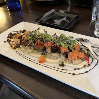 VIM Dining & Desserts - Orange miso cauliflower puree, caramelized leeks, walnut caper and current relish, pickled chilies, cara cara oranges - New American Near Me - Santa Cruz, California