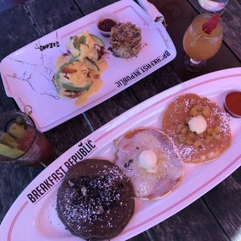 Breakfast Republic - crab and crawfish benedict, flight of 3 pancakes (oreo, lemon coconut, pineapple upside down) - Breakfast & Brunch Near Me - San Diego, California