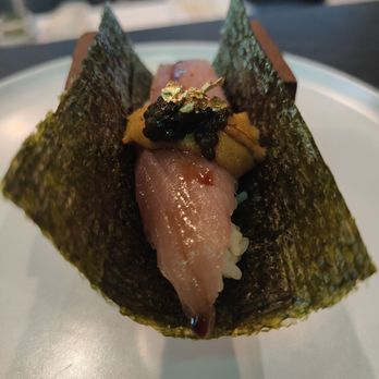 Norigami - Otoro, uni, caviar, and gold flakes handroll - Japanese Near Me - Houston, Texas Norigami - Otoro, uni, caviar, and gold flakes handroll - Japanese Near Me - Houston, Texas