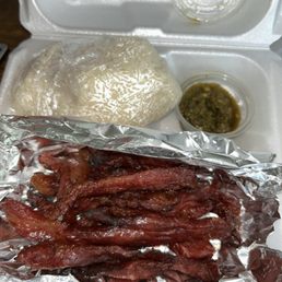 Pork jerky with sticky rice and chili paste Pork jerky with sticky rice and chili paste