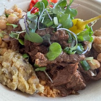KAYMA Algerian Eatery - Caravan Spice Beef Chef Wafa Bowl - cumin beef over fluffy couscous - Mediterranean Near Me - San Francisco, California