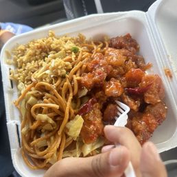 Spicy orange chicken with chowmein and fried rice Spicy orange chicken with chowmein and fried rice