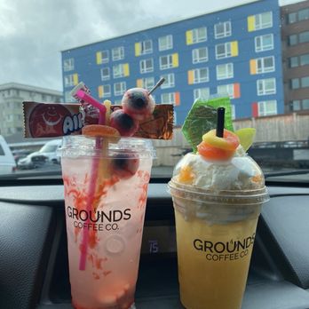 Grounds Coffee - Left was a Halloween special energy drink with "the works". Right was Peach on a Beach with "the works". - Coffee & Tea Near Me - Seattle, Washington Grounds Coffee - Left was a Halloween special energy drink with "the works". Right was Peach on a Beach with "the works". - Coffee & Tea Near Me - Seattle, Washington