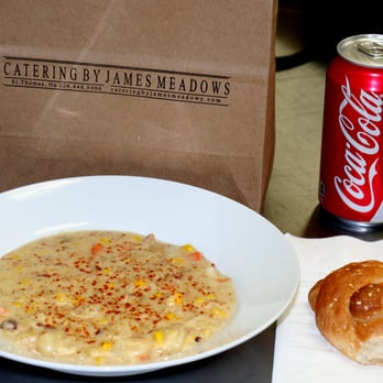 Catering By James Meadows - Potato Corn Chowder with a Single Knot Diner Roll and a Coke, @ Catering by James Meadows - Caterers Near Me - Saint Thomas, Ontario Catering By James Meadows - Potato Corn Chowder with a Single Knot Diner Roll and a Coke, @ Catering by James Meadows - Caterers Near Me - Saint Thomas, Ontario