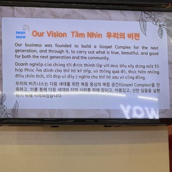 Sweet Snow - Love this vision at Sweet Snow. What a beautiful statement and purpose. - Desserts Near Me - Garden Grove, California Sweet Snow - Love this vision at Sweet Snow. What a beautiful statement and purpose. - Desserts Near Me - Garden Grove, California