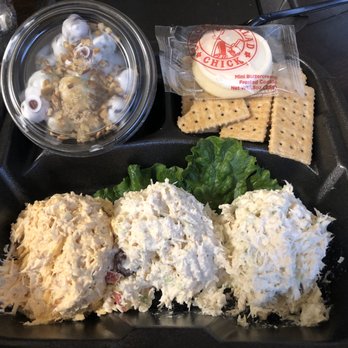 Chicken Salad Chick - Trio $9 (L to R: kickin kay Lynne, fruity fran, lauryns lemon basil) and Grape Salad Gluten Free $2.79 - Chicken Shop Near Me - Augusta, Georgia