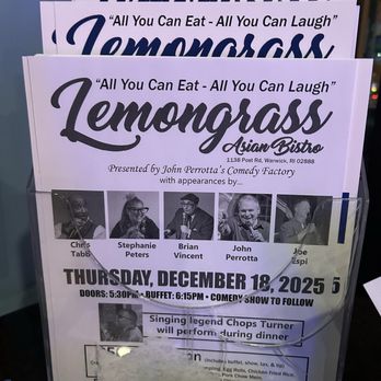 Lemongrass - The image shows a flyer for Lemongrass Asian Bistro, located at 1138 Post Rd, Warwick, RI. The flyer advertises a comedy show presented by John Perrotta's Comedy Factory, featuring performers such as Chris Tabb, Stephanie Peters, Brian Vincent, John Perrotta, and Joe Espri. The event is scheduled for Thursday, December 18, 2025, with doors opening at 5:30 PM, a buffet at 6:15 PM, and the comedy show to follow. The flyer includes photos of some performers and details about the event, including the menu options and contact information. - Thai Near Me - Warwick, Rhode Island