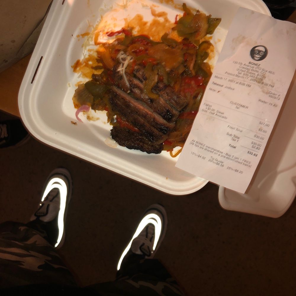 BONEZ - Receipt and some fajitas with no avocado - Cocktail Bars Near Me - Crested Butte, Colorado BONEZ - Receipt and some fajitas with no avocado - Cocktail Bars Near Me - Crested Butte, Colorado