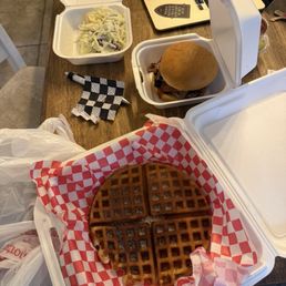 Brisket sandwich, spicy coleslaw, cornbread waffle Brisket sandwich, spicy coleslaw, cornbread waffle