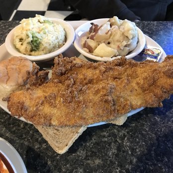 Check's Cafe - Fried catfish special, with broccoli casserole and German potato salad. Perfect cornmeal crust! - American Near Me - Louisville, Kentucky