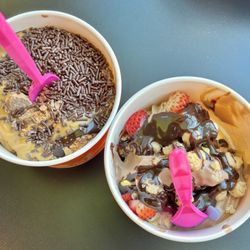 Yogo Factory - Chocolate peanut butter with Heath Bar pieces, p butter sauce and sprinkles; and IDK with my daughter's - lol (3/22/25)
