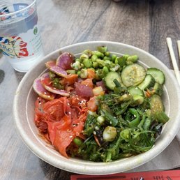 Custom poke bowl- half salmon, half tuna Custom poke bowl- half salmon, half tuna