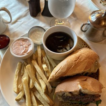 Jenny Lake Lodge Dining Room - Half of the burger and half of the French dip (we split meals so half and half isn't on the menu) - Breakfast & Brunch Near Me - Moran, Wyoming Jenny Lake Lodge Dining Room - Half of the burger and half of the French dip (we split meals so half and half isn't on the menu) - Breakfast & Brunch Near Me - Moran, Wyoming