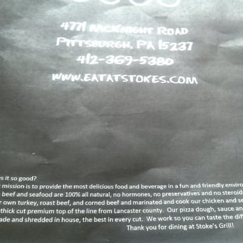 Stoke's Grill - Read the bottom of their menu. - Sandwiches Near Me - Pittsburgh, Pennsylvania