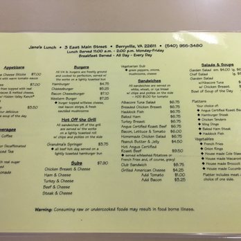 Jane's Lunch - Lunch menu - Diners Near Me - Berryville, Virginia Jane's Lunch - Lunch menu - Diners Near Me - Berryville, Virginia