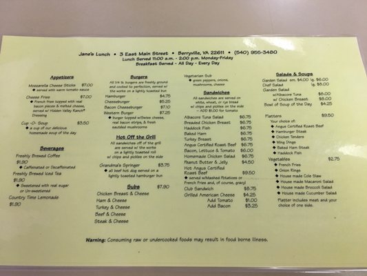 Menu photo 1 Jane's Lunch Berryville, VA Menu photo 1 Jane's Lunch Berryville, VA