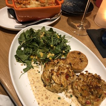 Oceanic - Crab cakes with arugula corn kernels and edamames and a side of golden mash potatoes with some fire lobster on top with gravy!! - Seafood Near Me - Pompano Beach, Florida Oceanic - Crab cakes with arugula corn kernels and edamames and a side of golden mash potatoes with some fire lobster on top with gravy!! - Seafood Near Me - Pompano Beach, Florida