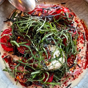 Ernest - Smoked Early Girl Tomatoes Tantanmen Vinaigrette, Rayu - New American Near Me - San Francisco, California