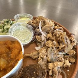 The chicken is delicious! With sweet potatoes and a side of cabbage salad