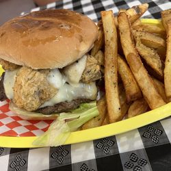 Fried mushroom burger and fries