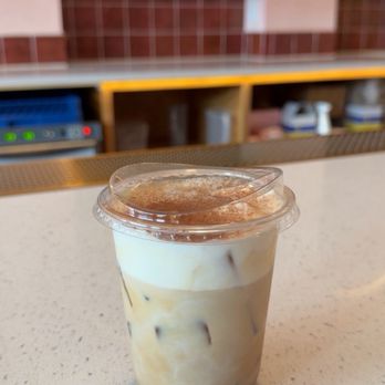 Pink Lantern - Iced latte with vanilla and honey with cold foam on top - Coffee & Tea Near Me - Birmingham, Alabama