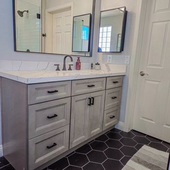 Denix Construction - Master Bathroom remodel with our oxford mist cabinets, with soft close drawers/ doors, with high quality finger jointed drawer boxes. - General Contractors Near Me - Glendale, Arizona