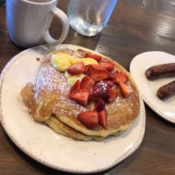 First Watch - Lemon Ricotta Pancakes with Pork Sausage and coffee - Breakfast & Brunch Near Me - Houston, Texas