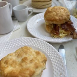 Biscuit with egg and bacon & flapjacks Delicious!