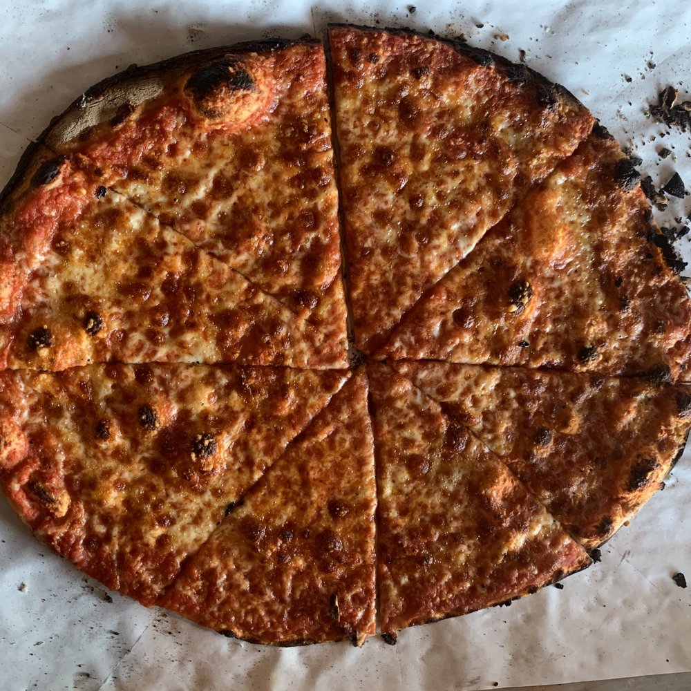 Brewport - A plain mozzarella pie from Brewport in Bridgeport.  BAR thin with Sally's char...one of the best pies I've ever had outside of New Haven. - Pizza Near Me - Bridgeport, Connecticut