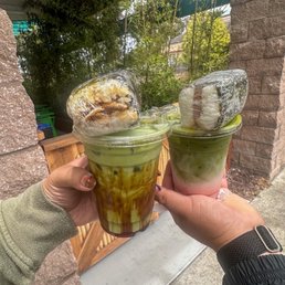 Spam musubi Chicken teriyaki musubi  Strawberry matcha latte Kokuto matcha latte