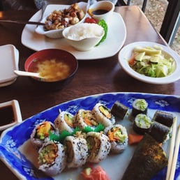 Vegan maki rolls and cone (bottom) and my sister's chicken teriyaki dish which comes with miso soup, garden salad and ice cream! Vegan maki rolls and cone (bottom) and my sister's chicken teriyaki dish which comes with miso soup, garden salad and ice cream!