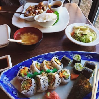 Shiso Japanese Restaurant - Vegan maki rolls and cone (bottom) and my sister's chicken teriyaki dish which comes with miso soup, garden salad and ice cream! - Japanese Near Me - Red Deer, Alberta Shiso Japanese Restaurant - Vegan maki rolls and cone (bottom) and my sister's chicken teriyaki dish which comes with miso soup, garden salad and ice cream! - Japanese Near Me - Red Deer, Alberta
